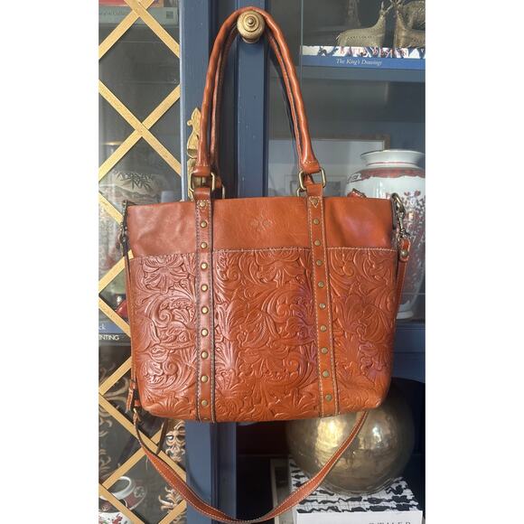 PATRICIA NASH Burnished Tooled Benvenuto Gold Leather Shoulder Bag Tote Cognac - Picture 3 of 10